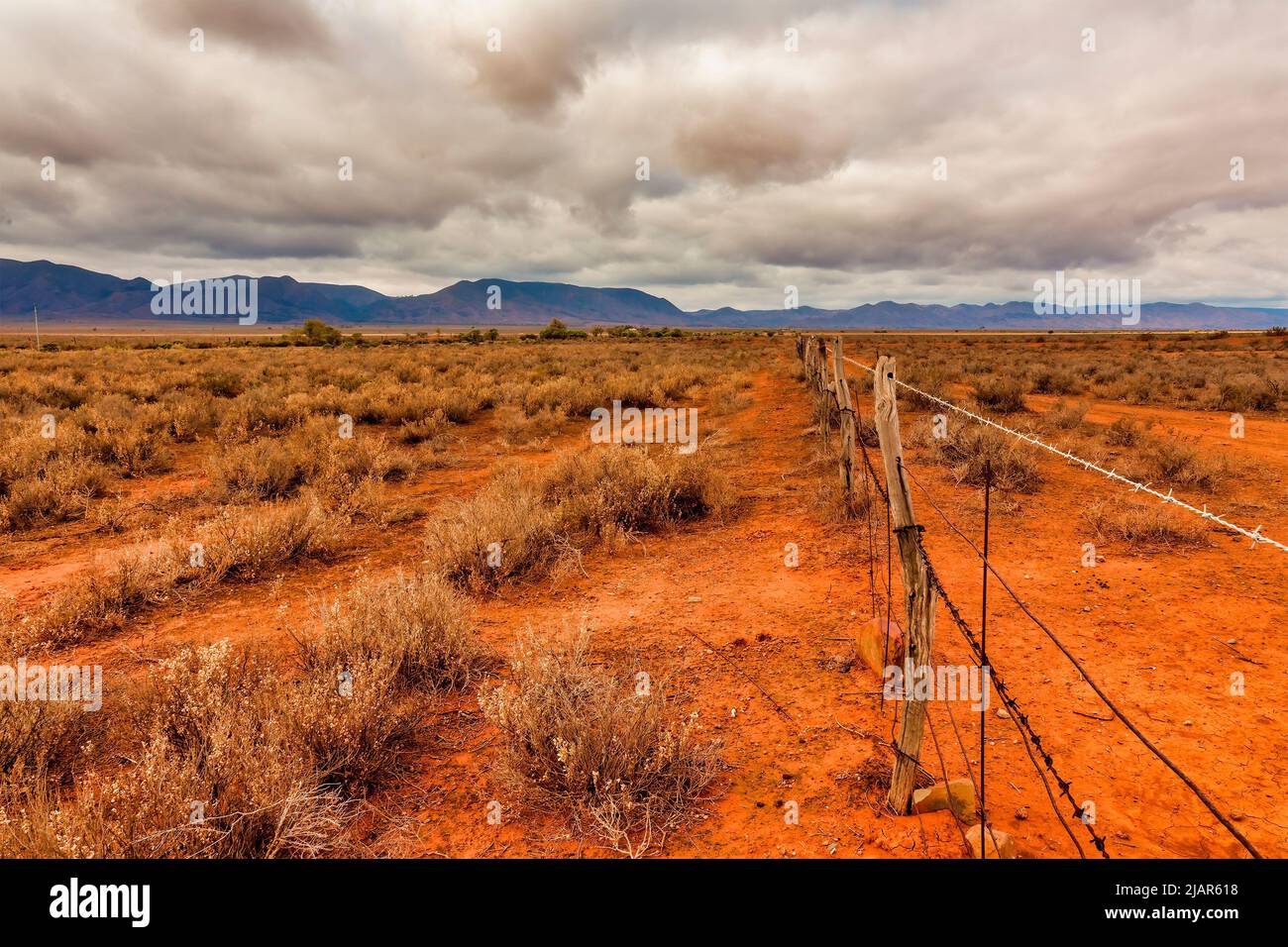 Vecchi pali e recinzione di filo intemperati nel duro entroterra australiano Foto Stock