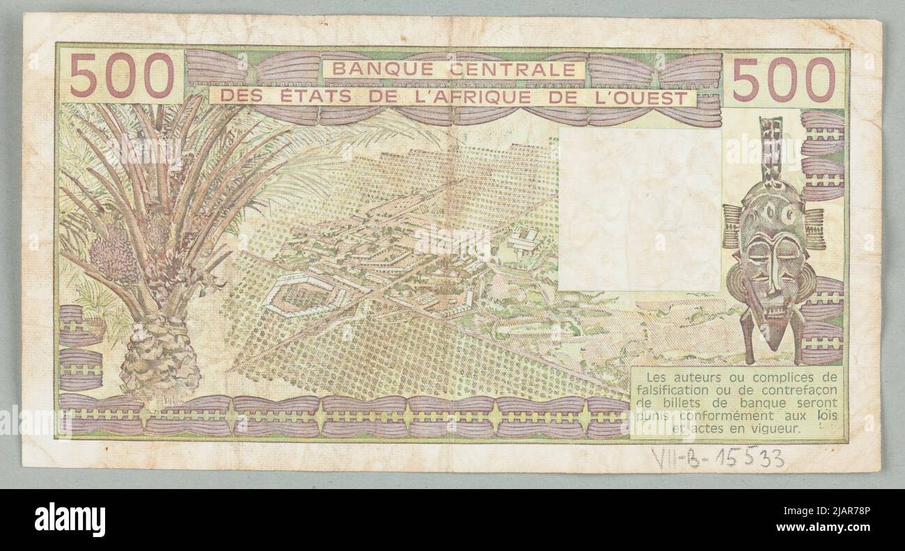 Banconota da 500 franchi, Banca centrale degli Stati dell'Africa occidentale, Africa occidentale, c) Burkina Faso, 1982 Banque de France, Parigi Foto Stock