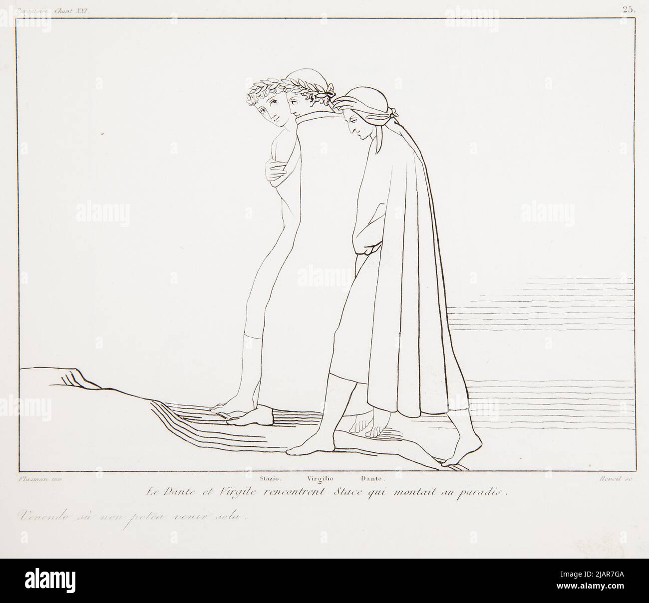 Il Dante e il Virgile incontrano Stace che salì in paradiso. (Dante i Wergiliusz Spotykają Stacia, Z: La Divina Comedie du Dante ), W: Oeurvre de Flaxmann Collezione delle sue serie composizioni di reveile, con analisi della Comedie Dante e Notice on Flaxman. Vari argomenti. Parigi 1847 . FERRERI, Vincenzo (Fl. 1845), Flaxman, John (1755 1826), Audot, redattore del libraio, Parigi rue du Paon 8, scuola di medicina Foto Stock