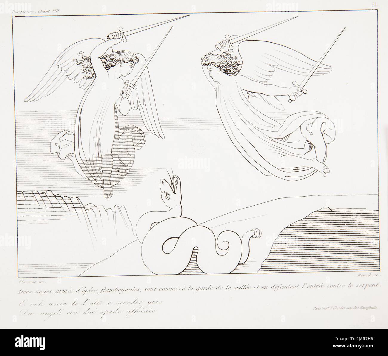 Due angeli, armi di Epees fiammeggiante, sono impegnati alla guardia della Vallee e difendere l'ingresso contro il serpente. (DWA Anioły Z Ognistymi Mieczami Strzegą Doliny Przeciwko Wężowi, Z: La Divina Commedia di Dante ), w: Oeurvre de Flaxmann Collezione delle sue serie composizioni di ritorno, con analisi della divina commedia del Dante e avviso su Flaxman. Vari argomenti. Parigi 1847 . FERRERI, Vincenzo (Fl. 1845), Flaxman, John (1755 1826), Audot, redattore del libraio, Parigi rue du Paon 8, scuola di medicina Foto Stock