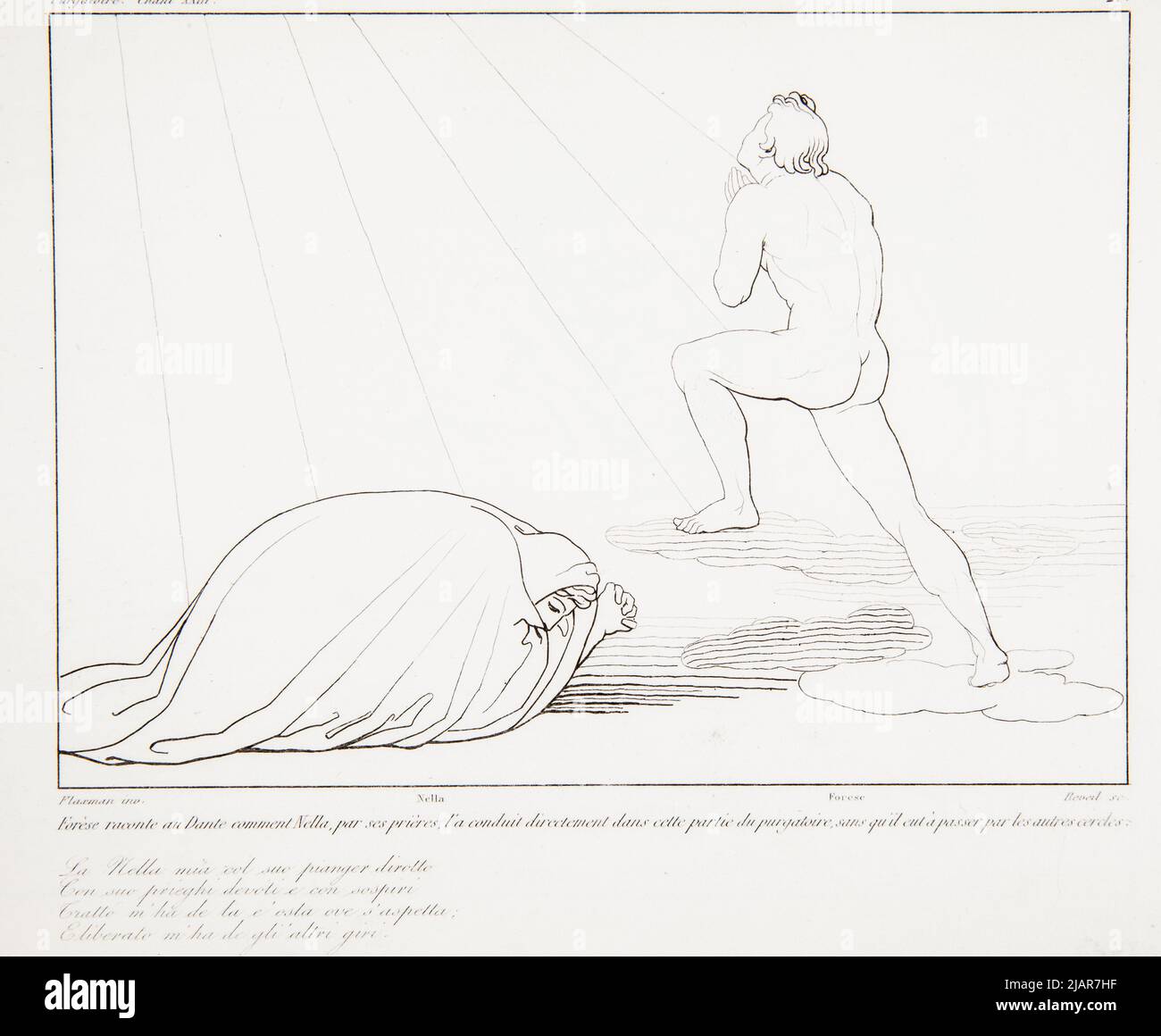 Forese racconta a Dante Comment nella, con le sue preghiere, lo ha guidato direttamente in questa parte dei Purigatori, senza passare attraverso gli altri circoli. (Forese dice a Dante, come nella preghiera, è stato portato direttamente in questa parte del silenzio, senza dover passare altri circoli, da: La Divina Commedia di Dante ), in: Oeurvre de Flaxmann Collezione di IT Serious Serious Serious composizioni di Back, con analisi del dante e avviso su Flaxman. Vari argomenti. Parigi 1847 . FERRERI, Vincenzo (Fl. 1845), Flaxman, John (1755 1826), Audot, redattore del libraio, Paris rue du Paon 8, scuola Foto Stock