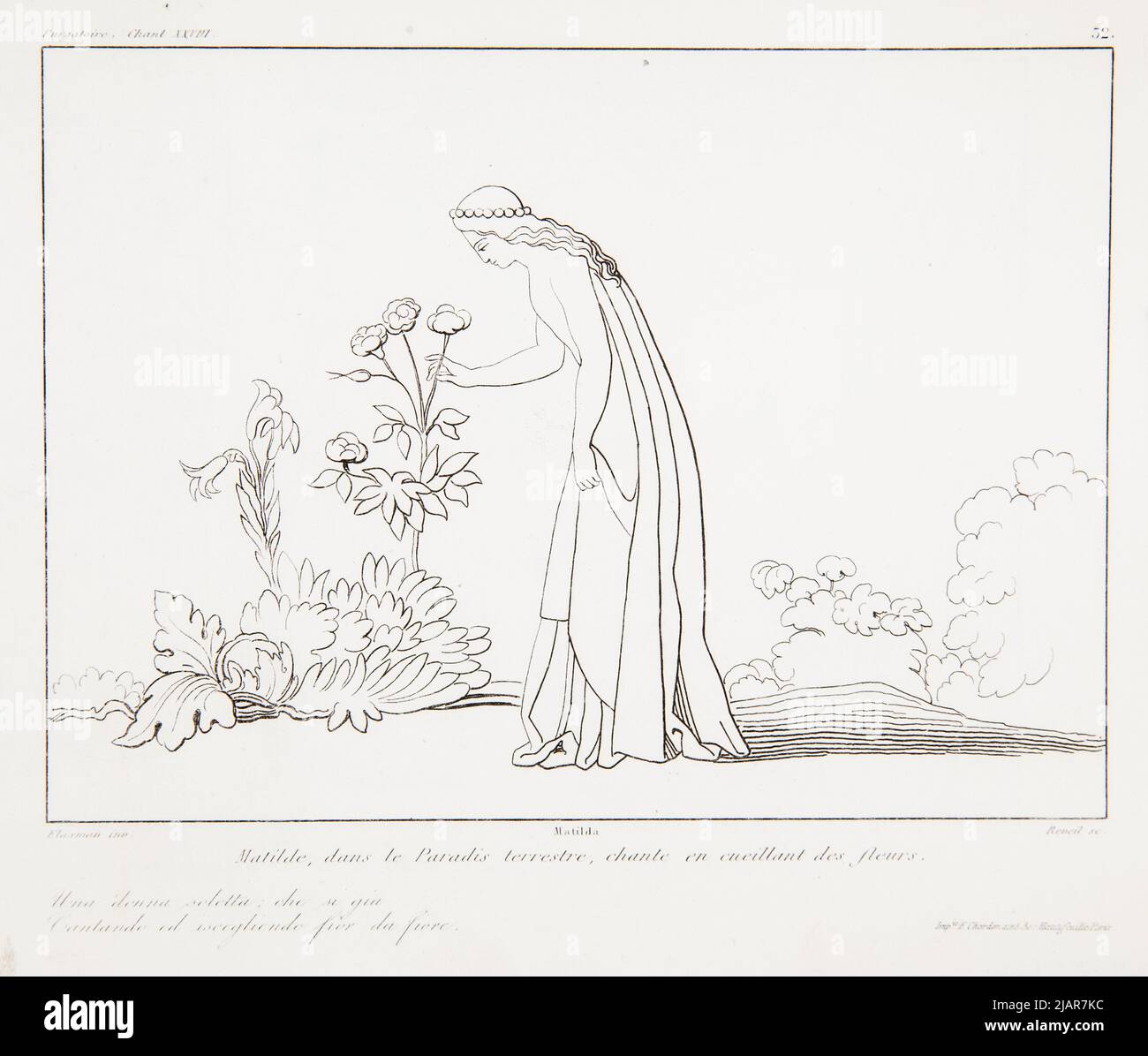 Matilde, nel paradiso di Terrestria, canta i fiori di cazzo. (Matylda, rimanendo in paradiso, canta, allo stesso tempo rompendo i fiori, dalla Divina Comedie du Dante ), in: Oeurvre de Flaxmann Collezione dei suoi seri Compositi di Back, con analisi della Divina Commedia del Dante e Avviso su Flaxman. Vari argomenti. Parigi 1847 . FERRERI, Vincenzo (Fl. 1845), Flaxman, John (1755 1826), Audot, redattore del libraio, Parigi rue du Paon 8, scuola di medicina Foto Stock