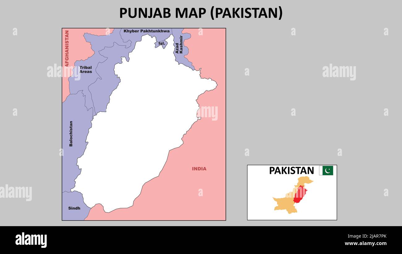 Mappa di Punjab. Mappa politica del Punjab. Punjab Mappa del Pakistan con paesi vicini e frontiere. Illustrazione Vettoriale