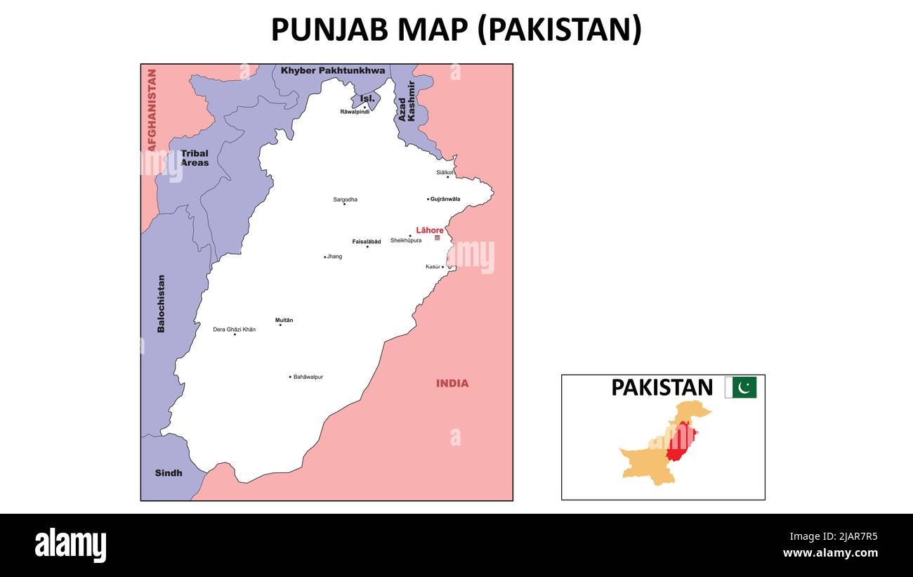 Mappa di Punjab. Mappa politica del Punjab. Punjab Mappa del Pakistan con colore bianco. Illustrazione Vettoriale