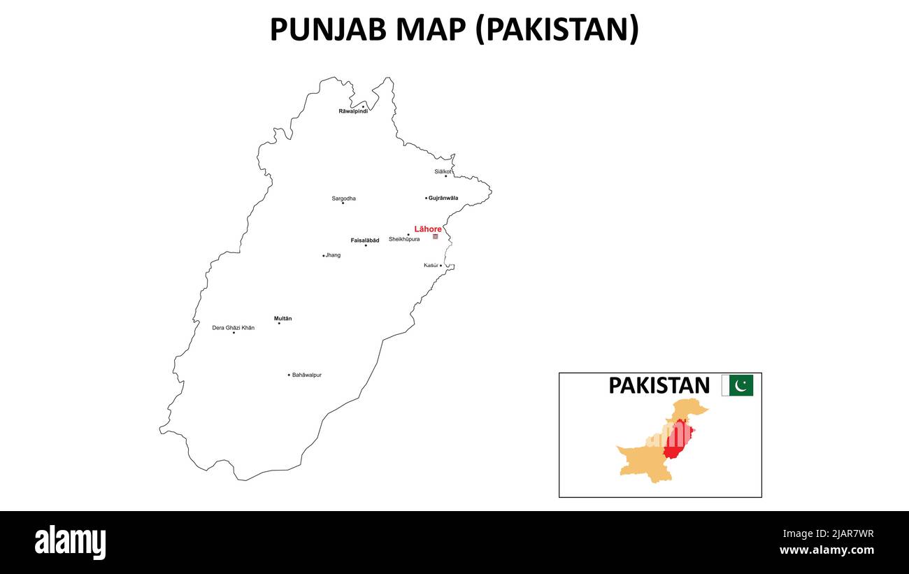 Mappa di Punjab. Punjab Mappa del Pakistan con sfondo a colori e tutti i nomi degli stati. Illustrazione Vettoriale