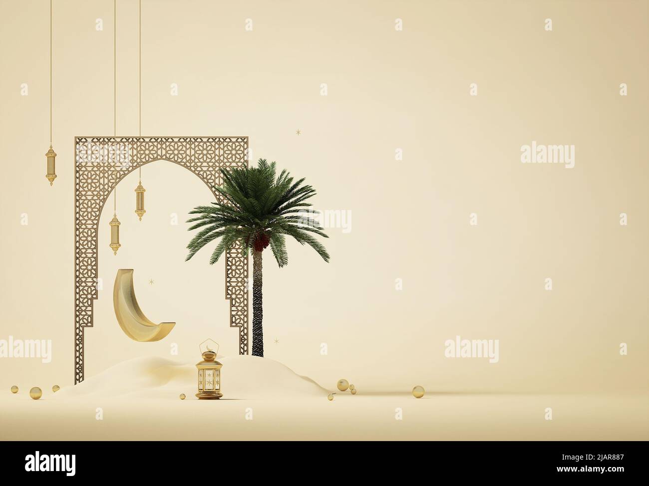 3d modello di disegno di sfondo di rendering, tema banner islamico con colore beige, ramadhan kareem, eid mubarak Foto Stock