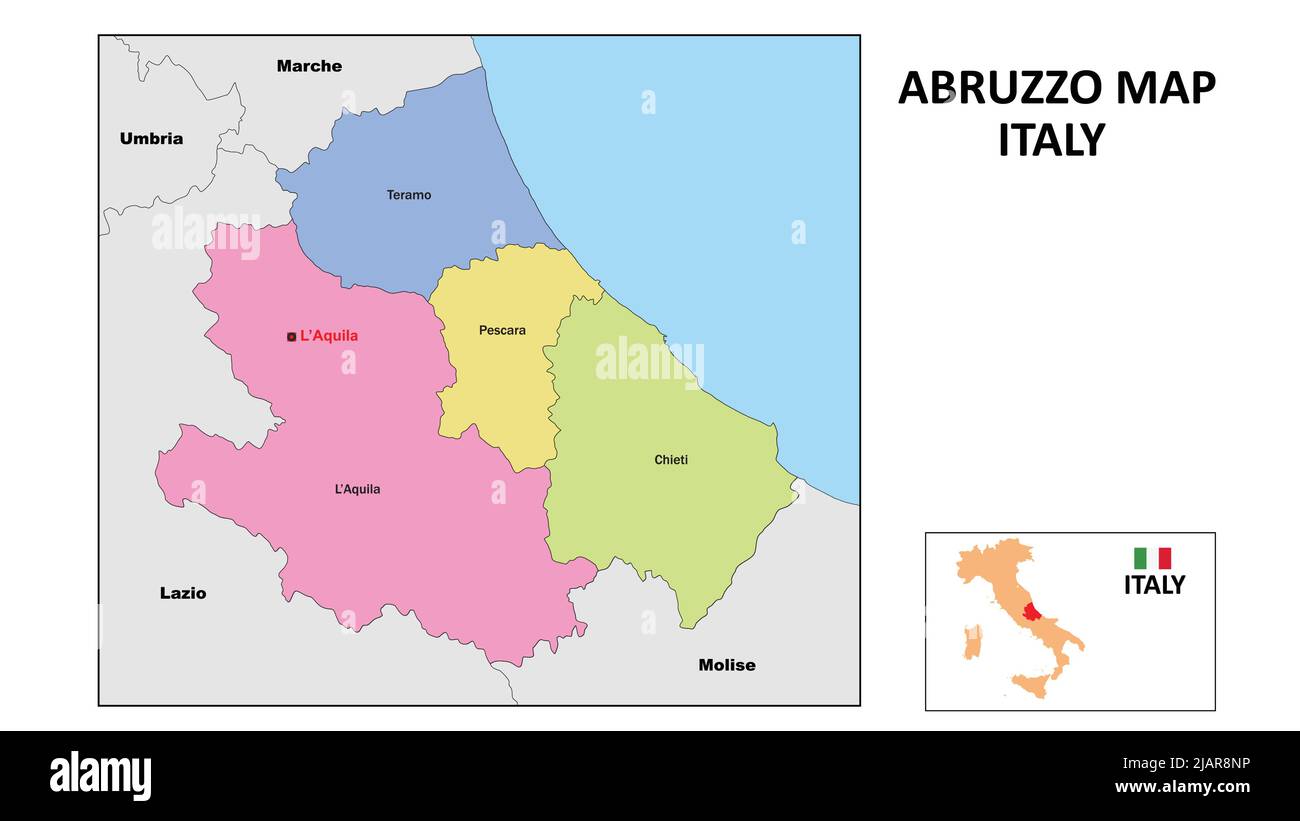 Mappa Abruzzo. Mappa dello stato e del distretto dell'Abruzzo. Carta politica dell'Abruzzo con paesi e confini vicini. Illustrazione Vettoriale