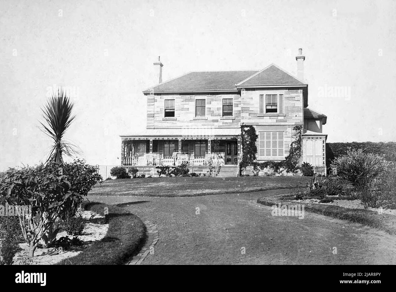 Casa Merioola su Edgecliff Road, Woollahra costruita nel 1859 da John Edye Manning, da quando demolita. La foto mostra la casa prima di estese aggiunte sono state fatte. CA. Tra il 1860 e il 1870 Foto Stock