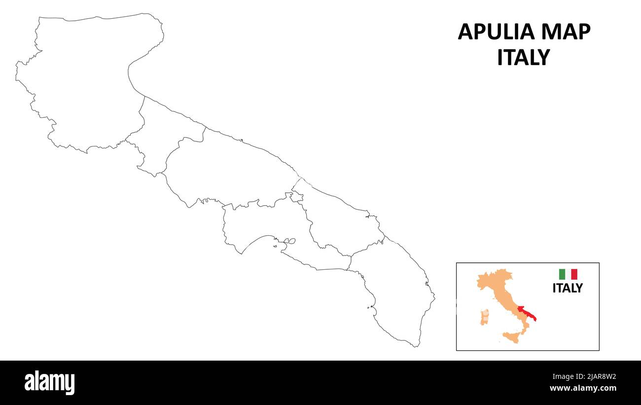 Puglia Mappa. Mappa dello stato e del distretto della Puglia. Mappa politica della Puglia con contorno e disegno in bianco e nero. Illustrazione Vettoriale