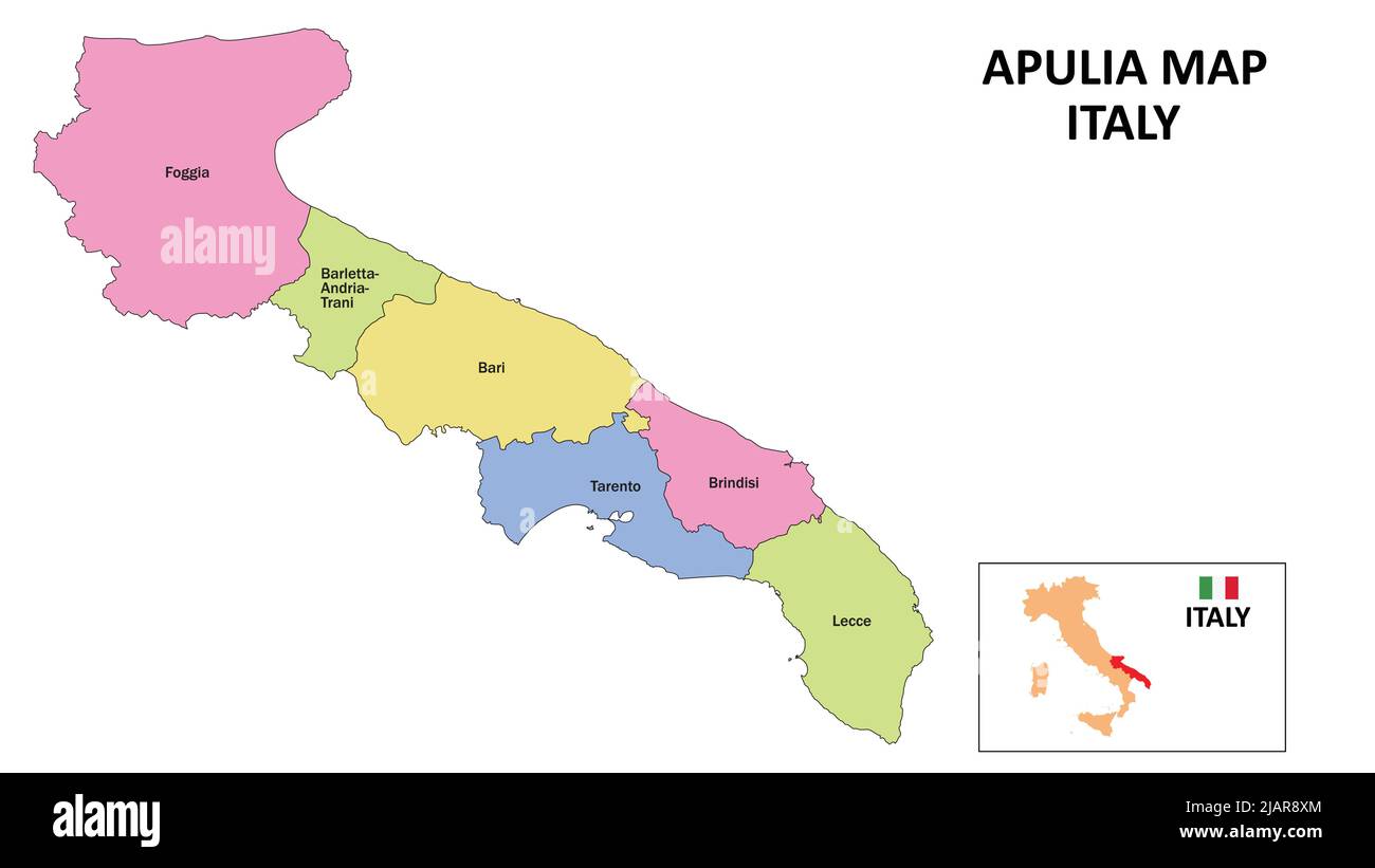 Puglia Mappa. Mappa del distretto di Puglia in Mappa del distretto di Puglia a colori con la capitale. Illustrazione Vettoriale
