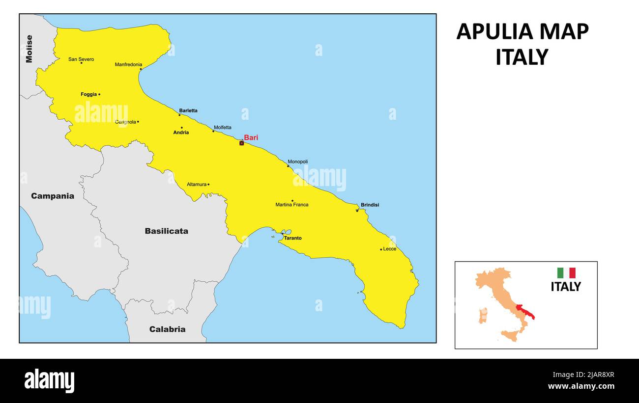 Puglia Mappa. Mappa dello stato e del distretto della Puglia. Mappa politica della Puglia con il distretto principale Illustrazione Vettoriale