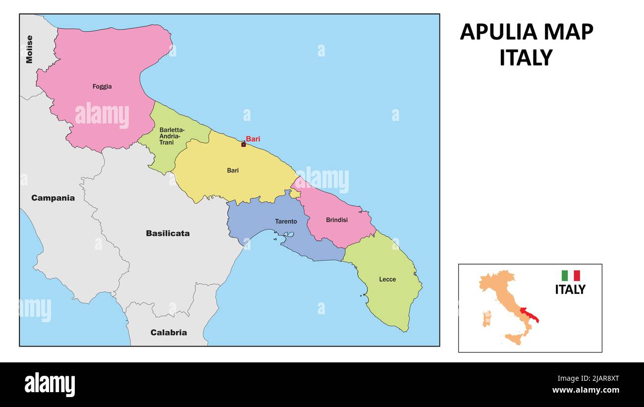 Puglia Mappa. Mappa dello stato e del distretto della Puglia. Carta politica della Puglia con paesi e confini vicini. Illustrazione Vettoriale