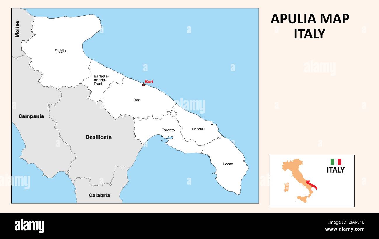 Puglia Mappa. Mappa politica della Puglia con confini di colore bianco. Illustrazione Vettoriale