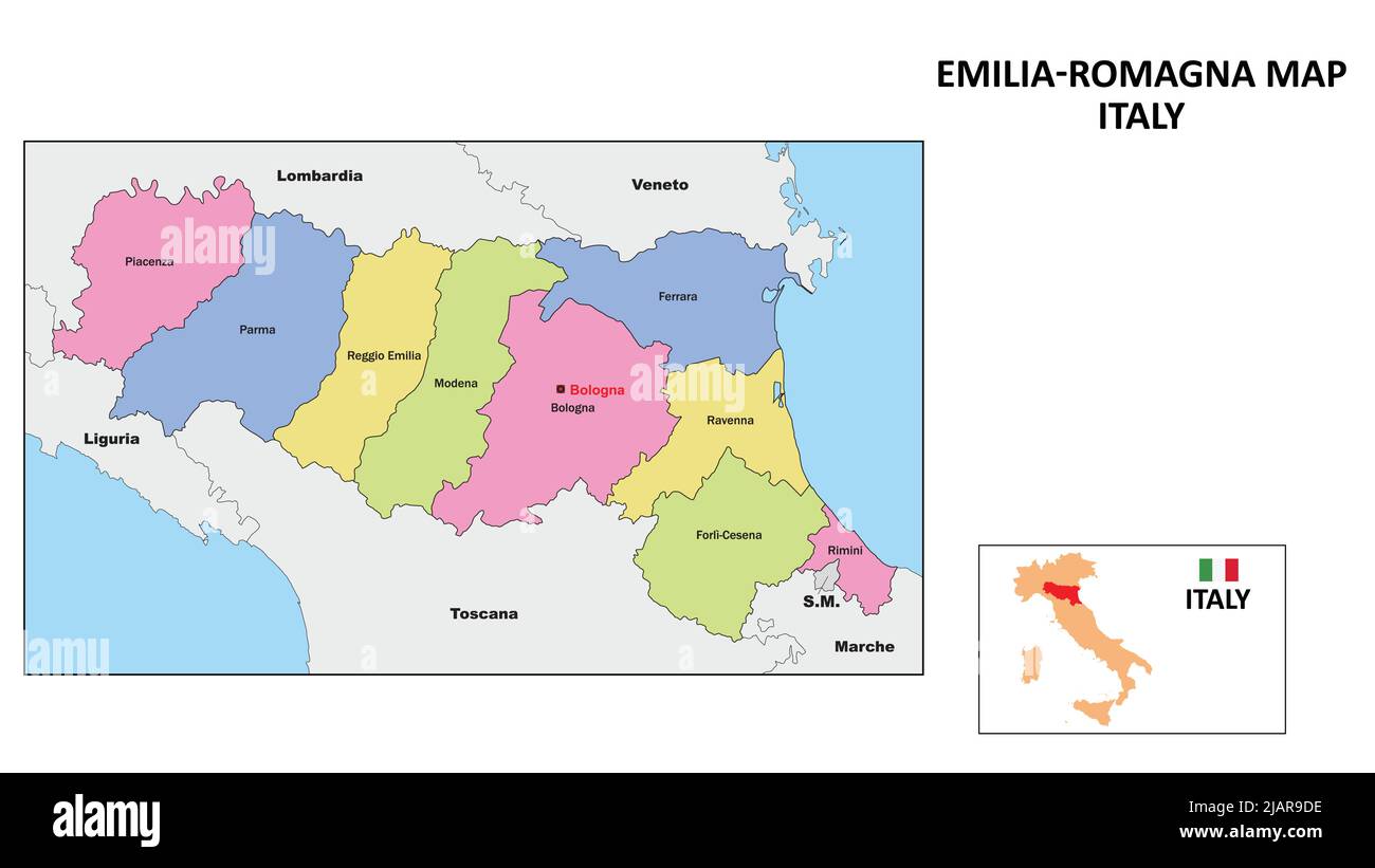 Mappa Emilia Romagna. Mappa dello stato e del distretto dell'Emilia Romagna.  Carta politica dell'Emilia Romagna con paesi e confini vicini Immagine e  Vettoriale - Alamy