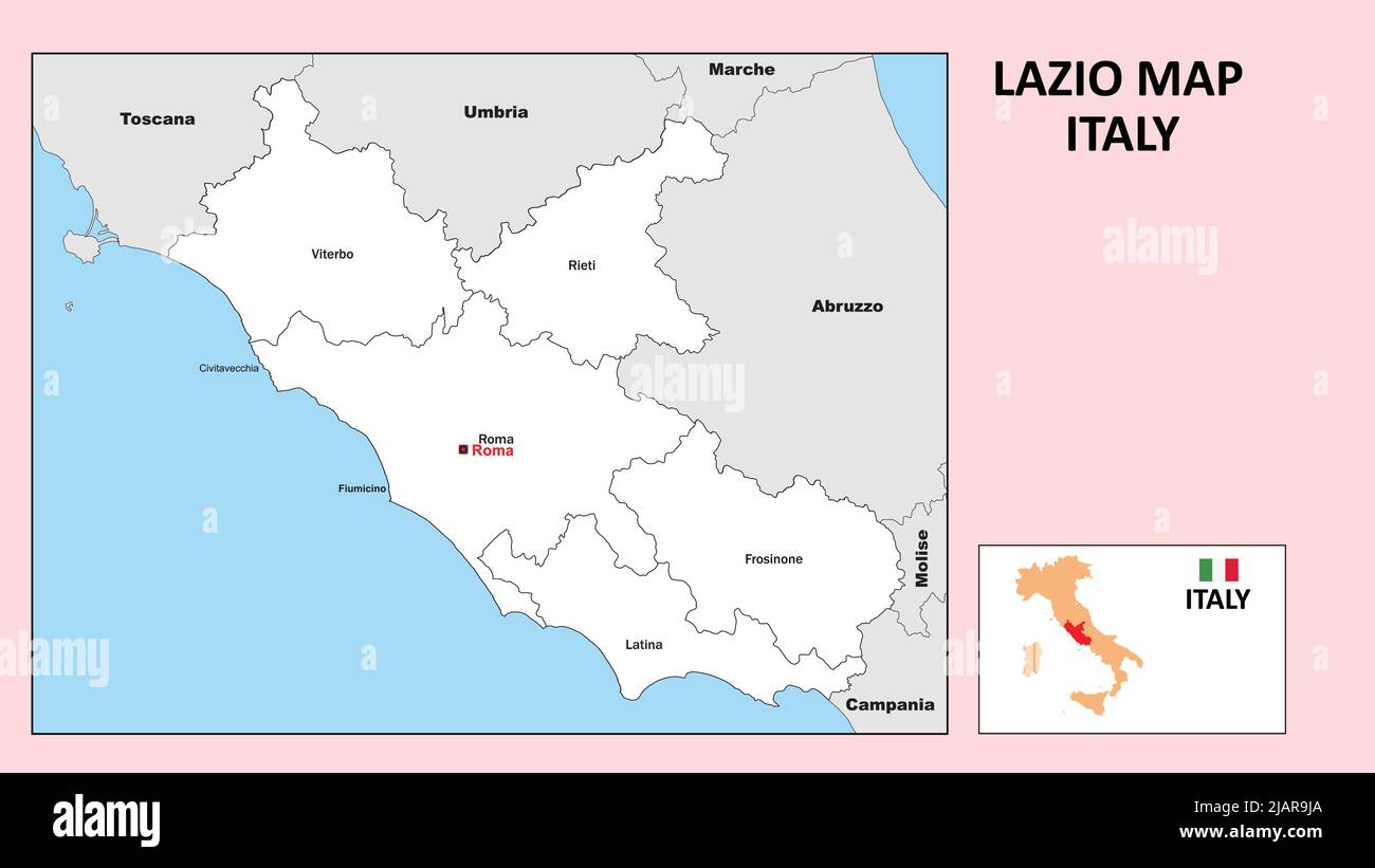 Mappa Lazio. Mappa politica del Lazio con confini di colore bianco. Illustrazione Vettoriale