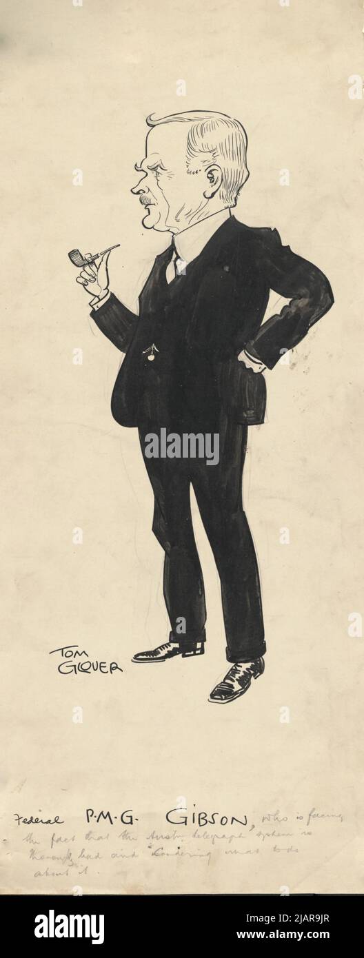 Caricatura del politico australiano William Gibson, in carica come Postmaster-Generale. Capitolati Federal P.M.G. Gibson, che sta affrontando il fatto che il sistema telegrafo Austn è completamente cattivo e considerando che cosa fare a questo proposito ca. 1926 Foto Stock