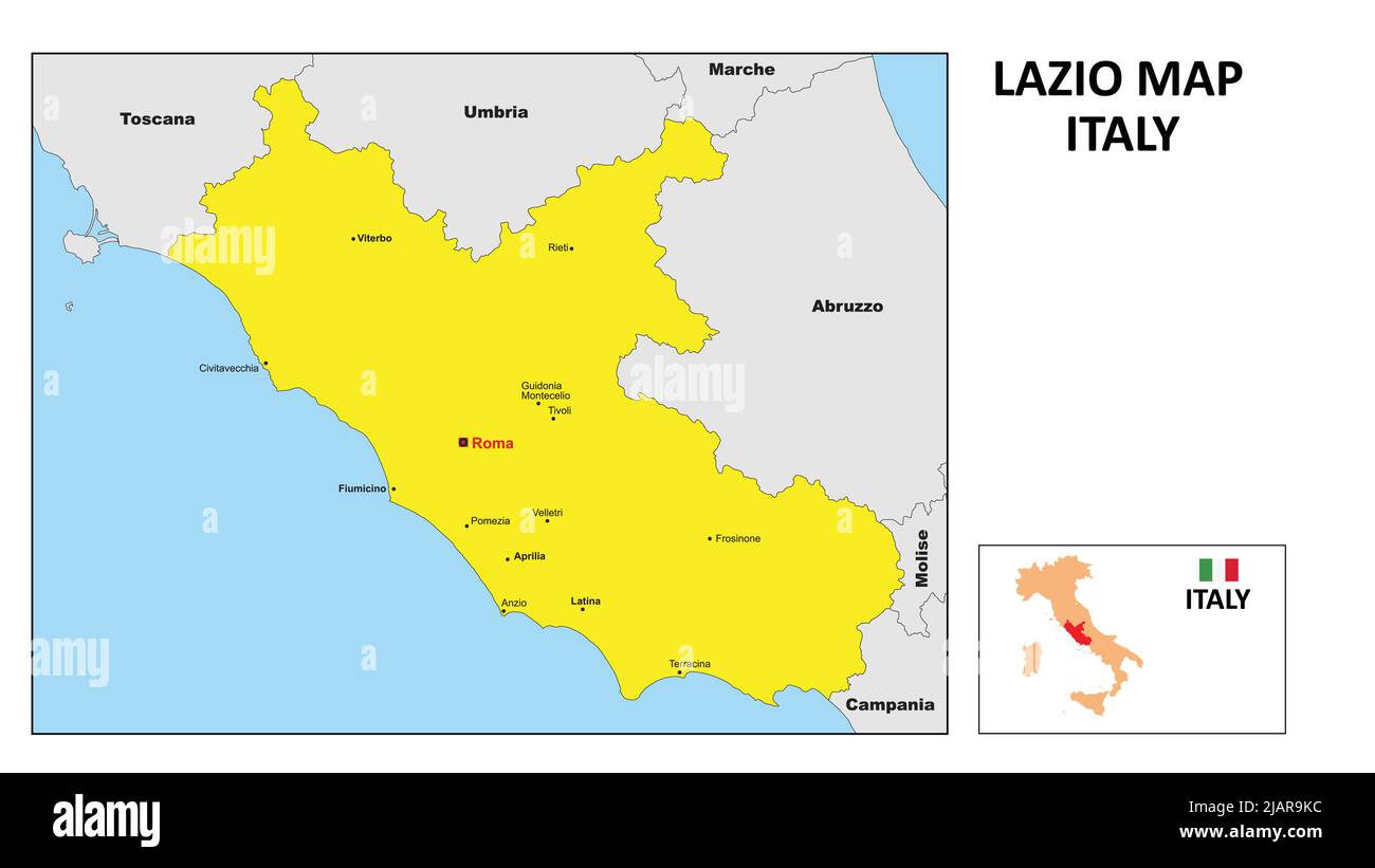 Mappa Lazio. Mappa dello stato e del distretto del Lazio. Mappa politica del Lazio con il distretto principale Illustrazione Vettoriale