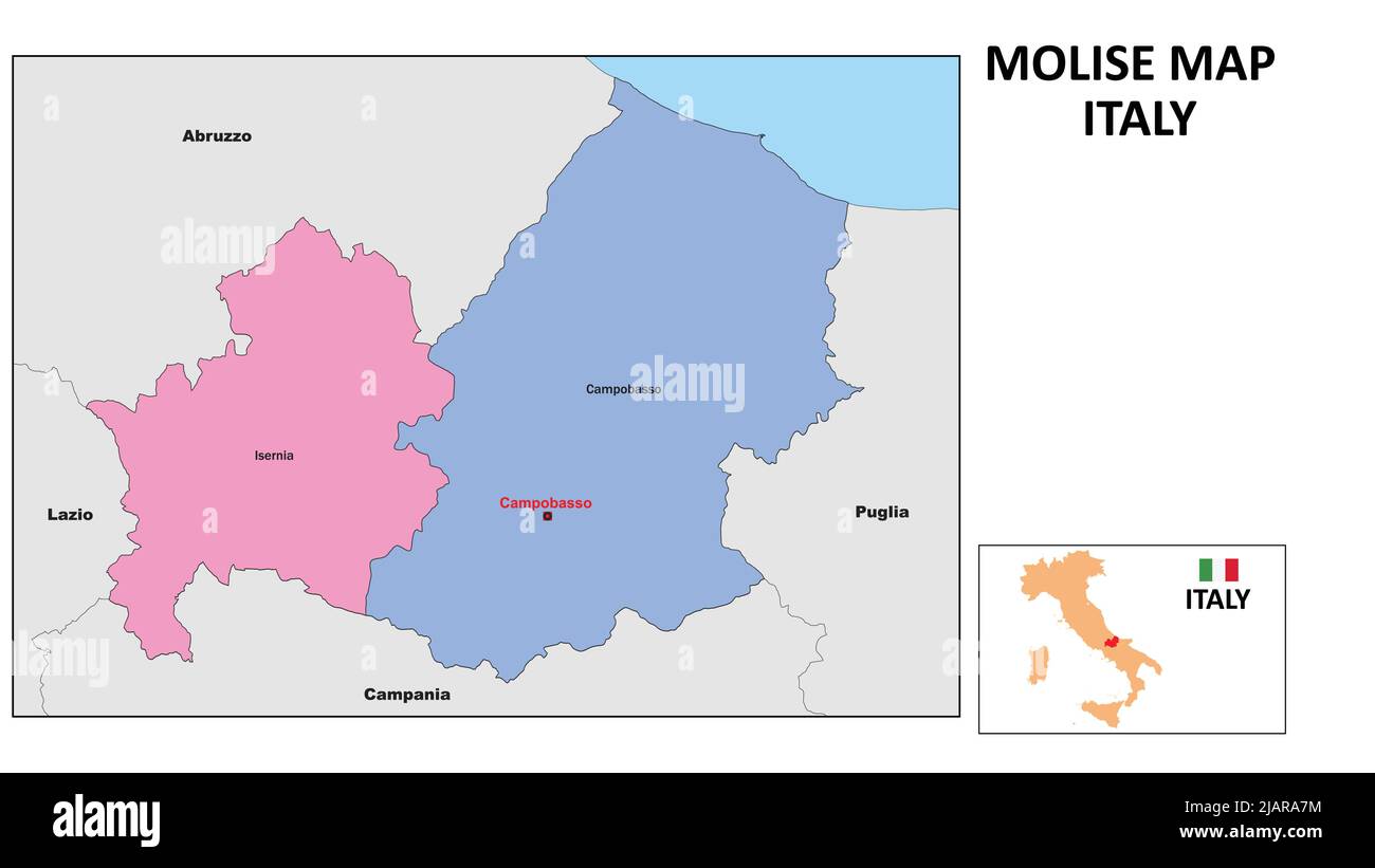 Mappa Molise. Mappa dello stato e del distretto del Molise. Carta politica del Molise con paesi e confini vicini. Illustrazione Vettoriale