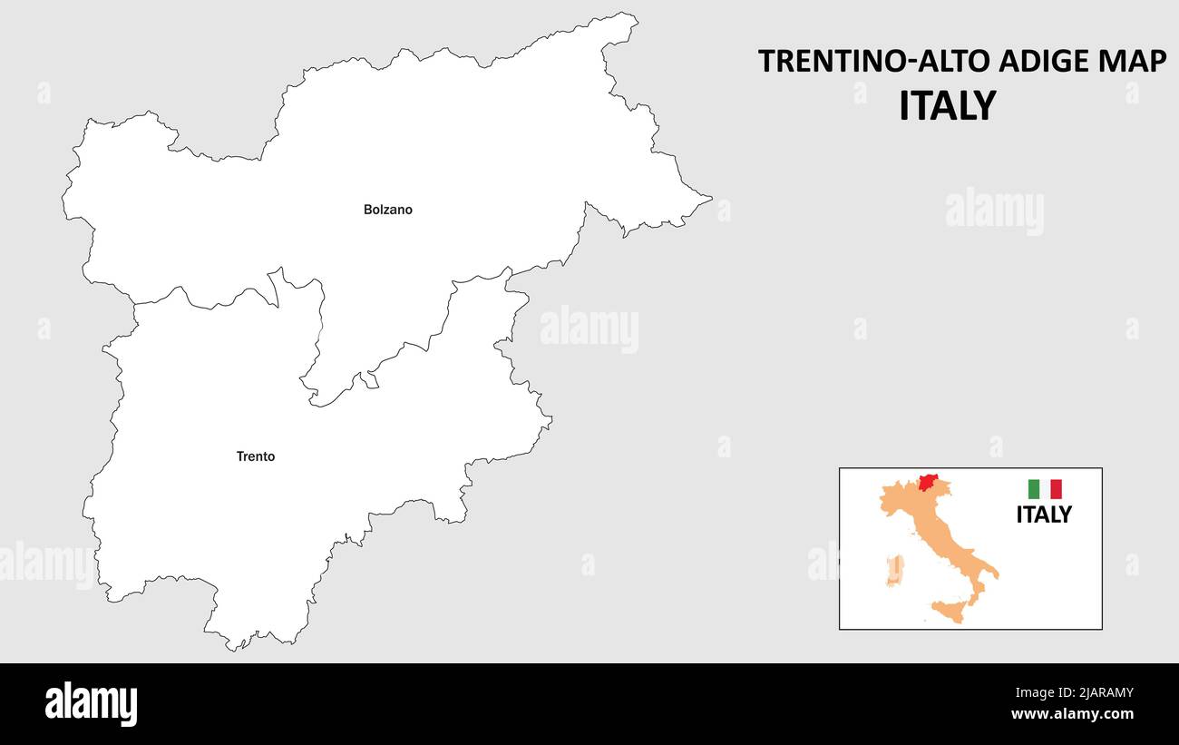 Mappa Trentino-Alto Adige. Mappa dello stato e del distretto del Trentino-Alto Adige. Mappa amministrativa del Trentino-Alto Adige con distretto e capitale in bianco c Illustrazione Vettoriale