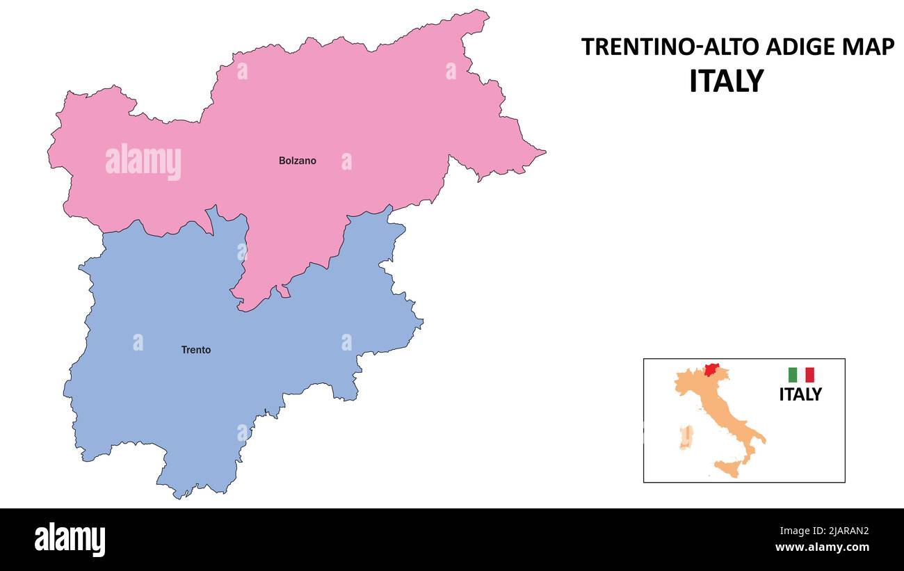 Mappa Trentino-Alto Adige. Mappa del territorio del Trentino-Alto Adige in Mappa del territorio del Trentino-Alto Adige a colori con la capitale. Illustrazione Vettoriale