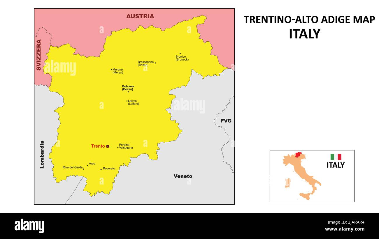 Mappa Trentino-Alto Adige. Mappa dello stato e del distretto del Trentino-Alto Adige. Mappa politica del Trentino-Alto Adige con il distretto principale Illustrazione Vettoriale