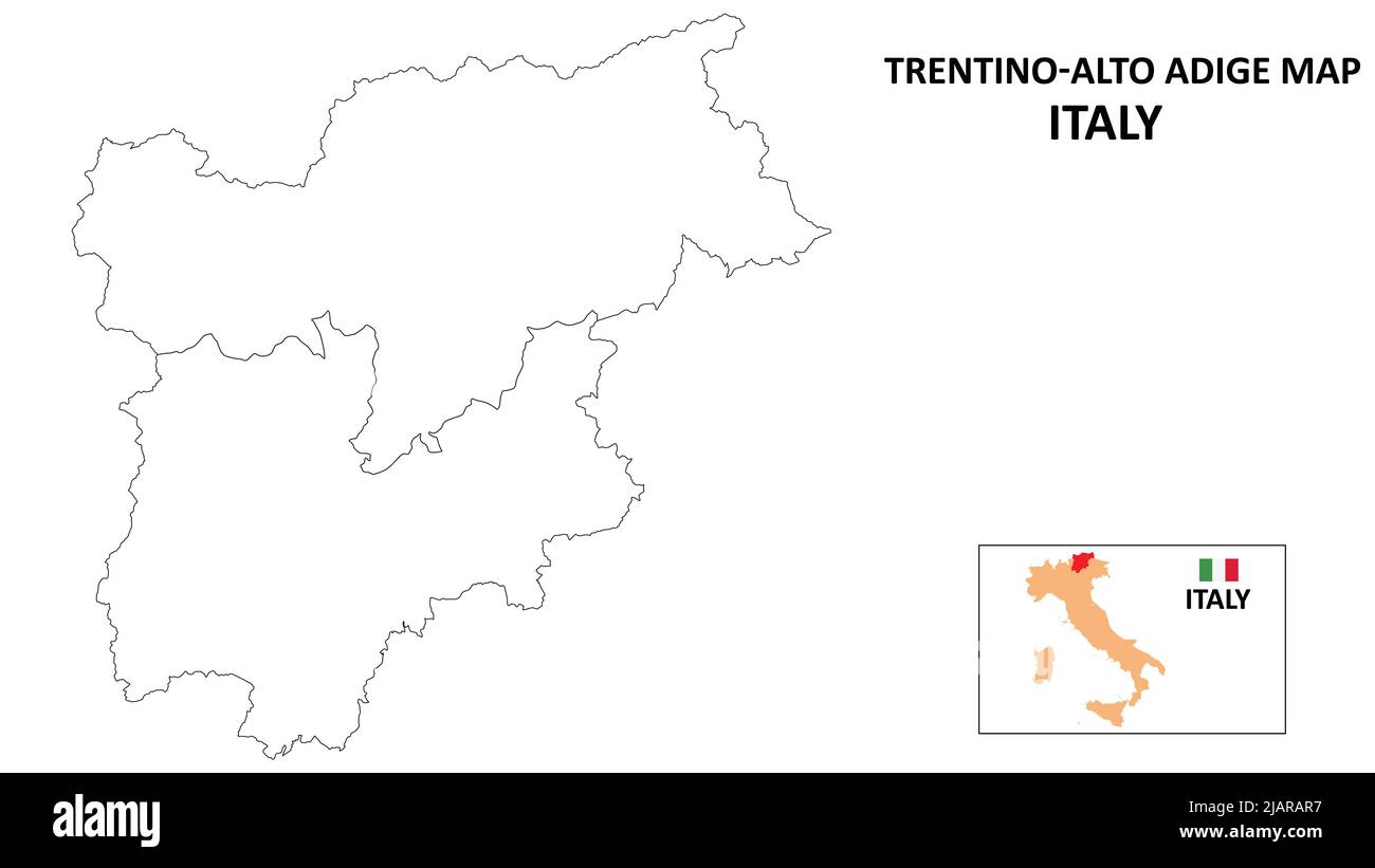 Mappa Trentino-Alto Adige. Mappa dello stato e del distretto del Trentino-Alto Adige. Mappa politica del Trentino-Alto Adige con contorno e disegno in bianco e nero. Illustrazione Vettoriale