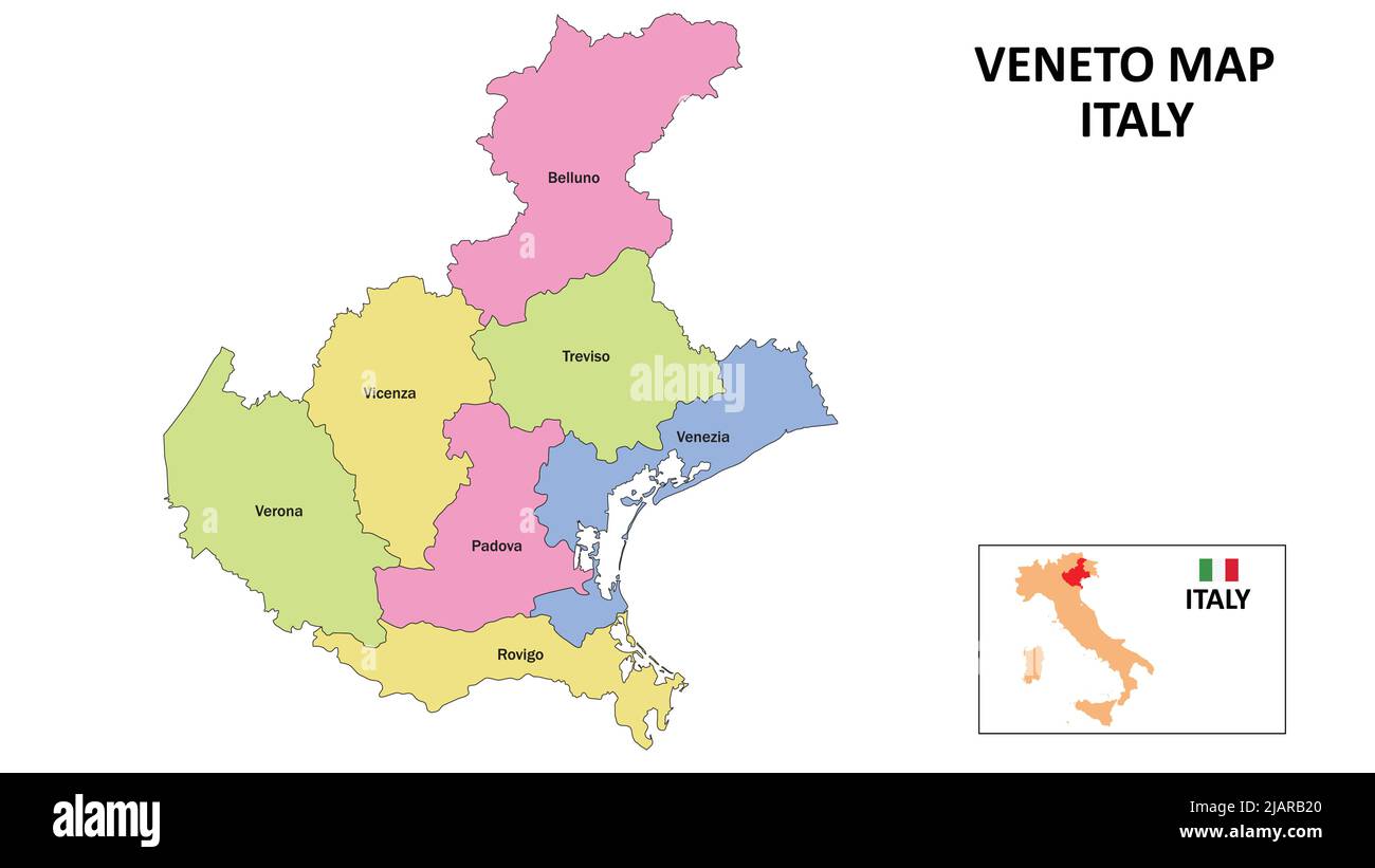 Mappa del Veneto. Mappa del distretto di Veneto in Mappa del distretto di Veneto a colori con la capitale. Illustrazione Vettoriale