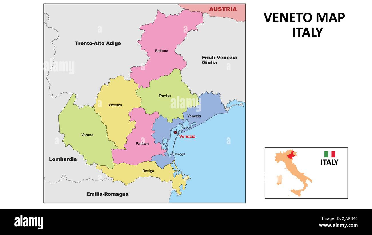 Mappa del Veneto. Mappa dello stato e del distretto del Veneto. Carta politica del Veneto con paesi e confini vicini. Illustrazione Vettoriale