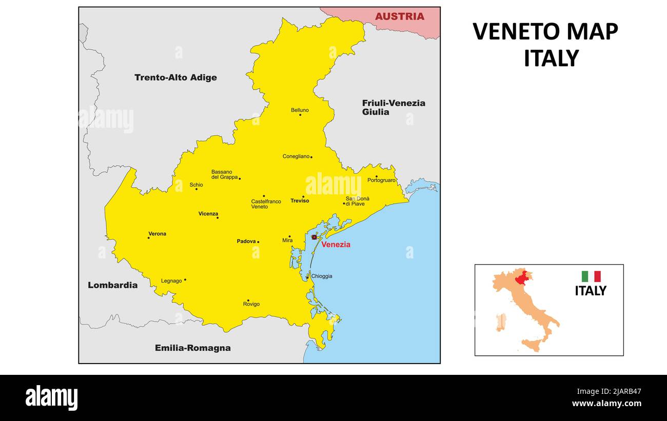 Mappa del Veneto. Mappa dello stato e del distretto del Veneto. Mappa politica del Veneto con il distretto principale Illustrazione Vettoriale