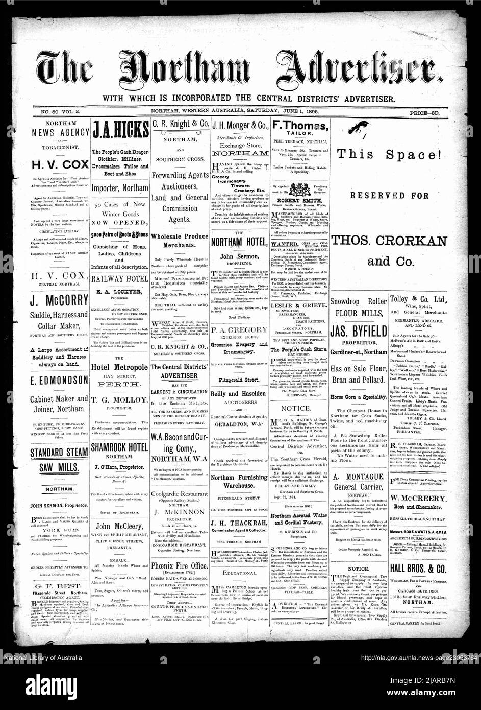 Pagina principale del Northam Advertiser, No. 8, Vol. 2 ca. 1 giugno 1895 Foto Stock