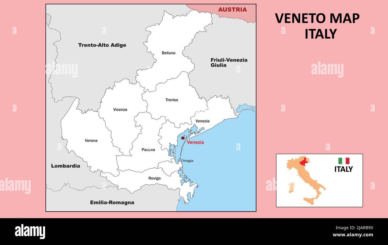 Mappa del Veneto. Mappa politica del Veneto con confini di colore bianco. Illustrazione Vettoriale