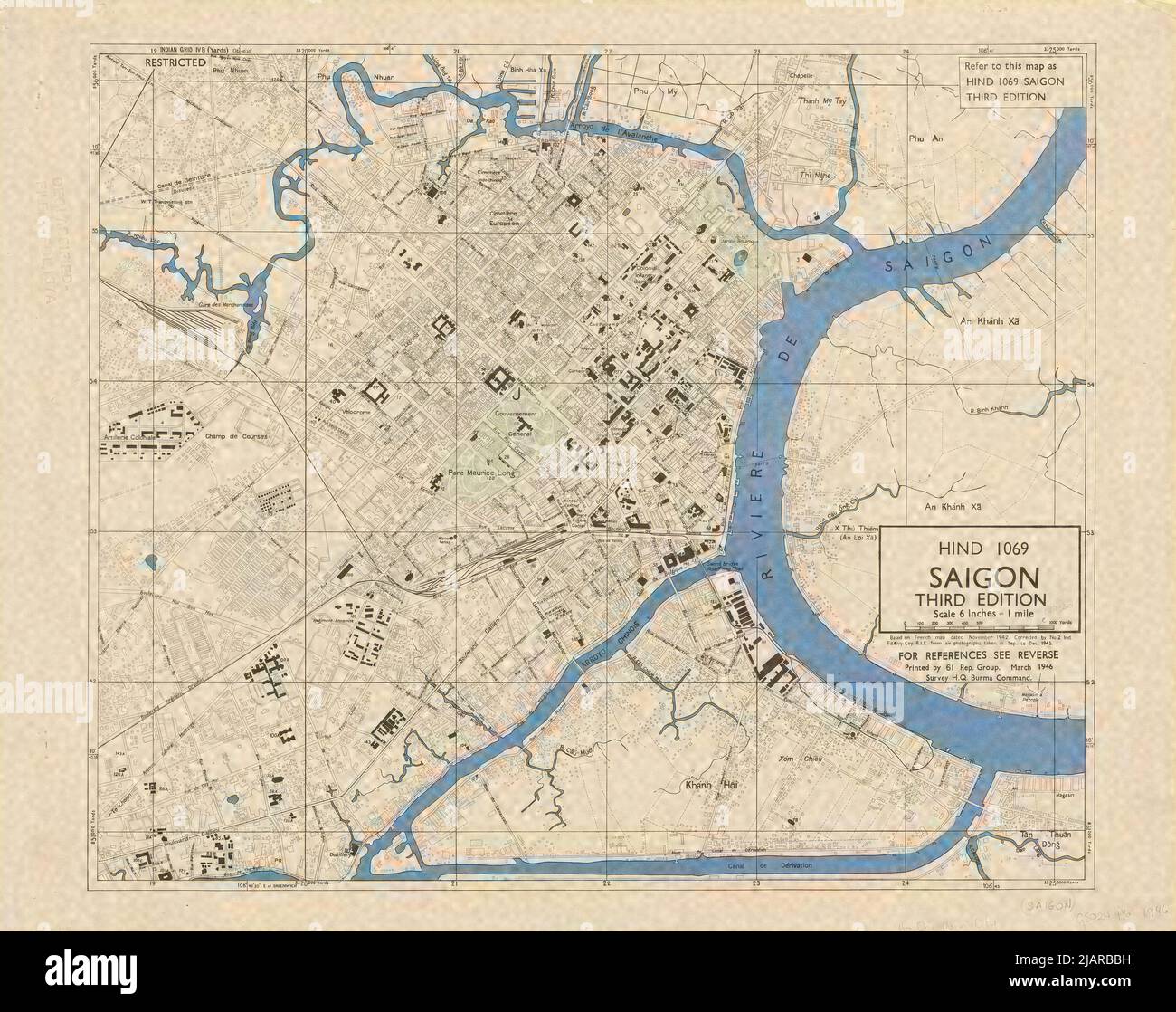 Mappa di Saigon 1946 - Mappa stampata in Birmania nel 1946 dal distaccamento di ricognizione aerea del comando Burma dell'esercito britannico. Questa mappa è stata disegnata sulla base della mappa francese stampata nel novembre 1942 e corretta da fotografie aeree scattate da settembre a dicembre 1945. Foto Stock