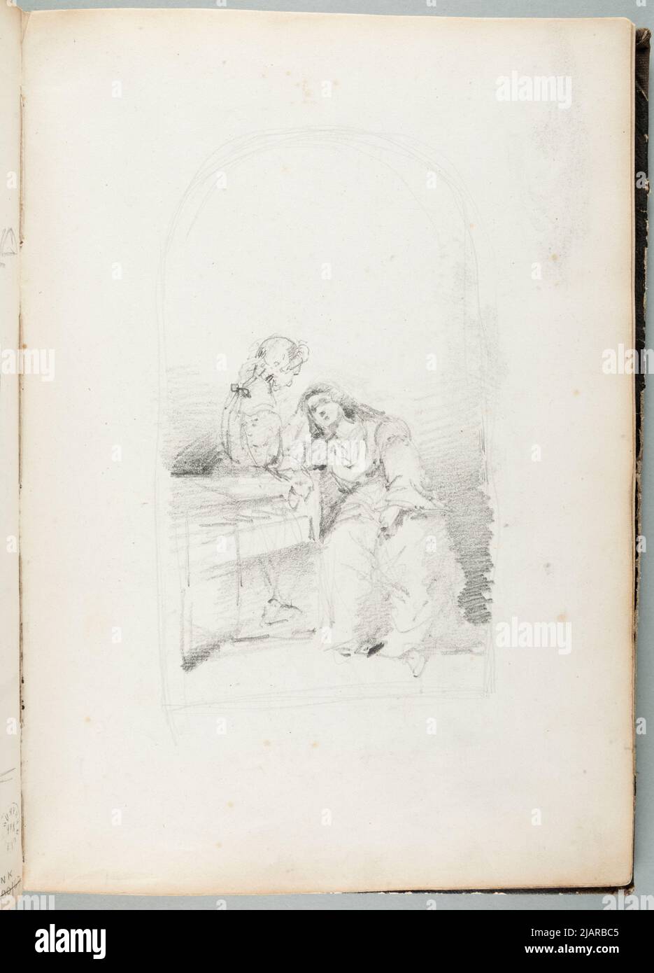 Schizzario degli anni intorno al 1866 OK.1873 carta No. 68 (senza numerazione proprietaria) quattro disegni obverse: 1. Conversazione di un uomo e di una donna in stole storico (18th secolo); inverso: 2. Profilo di un uomo, 3. Disegno di una donna seduta, con una testa sostenuta sulla sua mano, 4. Disegno pratico di due uomini Łosik, Tomasz (1848 1896) Foto Stock