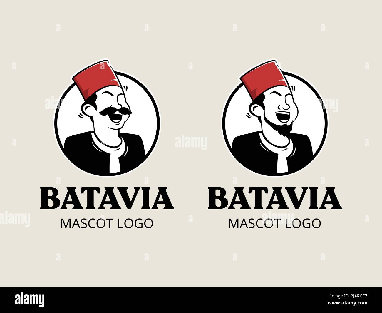 Jakarta con abito tradizionale. Set di logo mascotte in caratteri indonesiani Illustrazione Vettoriale