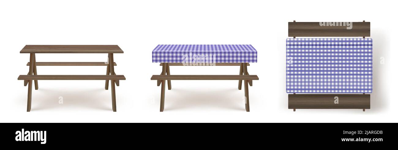 Tavolo da picnic in legno con lunghe panche e tovaglia viola bianca a scacchi 3D vettore realistico. Mobili da campeggio, da giardino o da parco per barbecue con sedile e rivestimento in tessuto, isolati sullo sfondo, Illustrazione Vettoriale