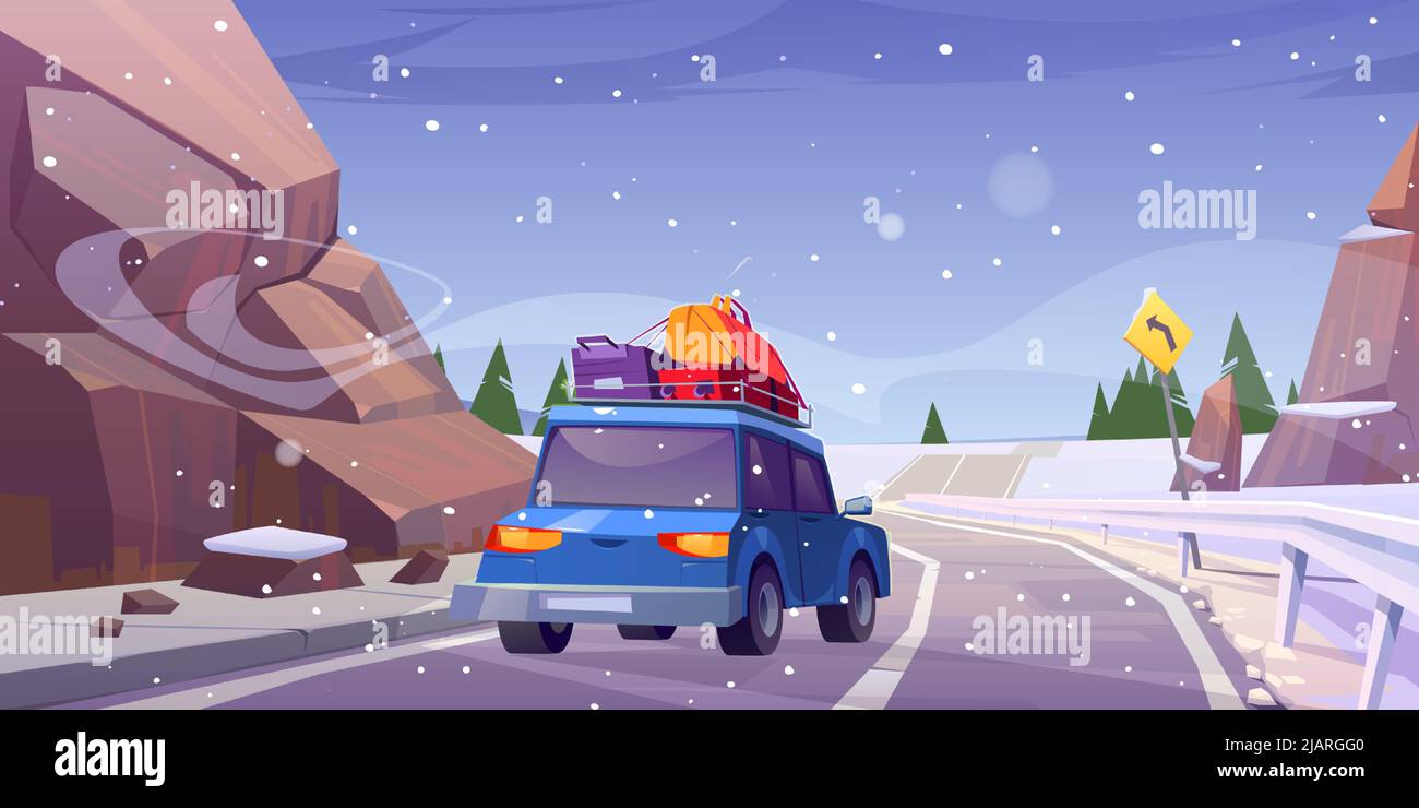 Paesaggio invernale con auto con trasporto bagagli su strada. Vettore cartoon illustrazione di roadtrip, viaggio di vacanza. Scena naturale con montagne, alberi, neve e auto con bagagli sul tetto in autostrada Illustrazione Vettoriale