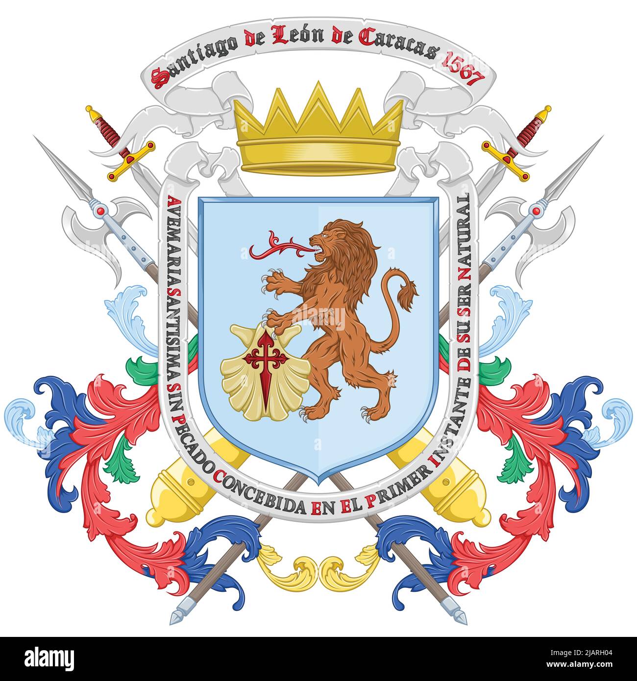 Stemma della città di Caracas Venezuela, stemma di Santiago de León de Caracas è stato concesso dal re Filippo II di Spagna Illustrazione Vettoriale