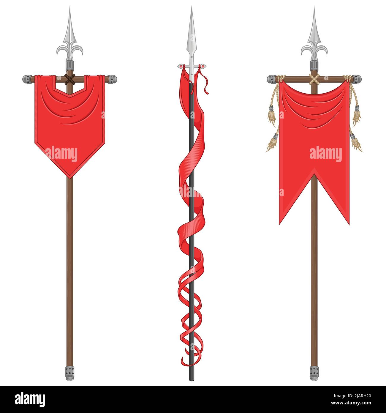 Design a bandiera verticale in stile medievale con simbolo araldico, bandiera di nobili famiglie del Medioevo su una lancia Illustrazione Vettoriale