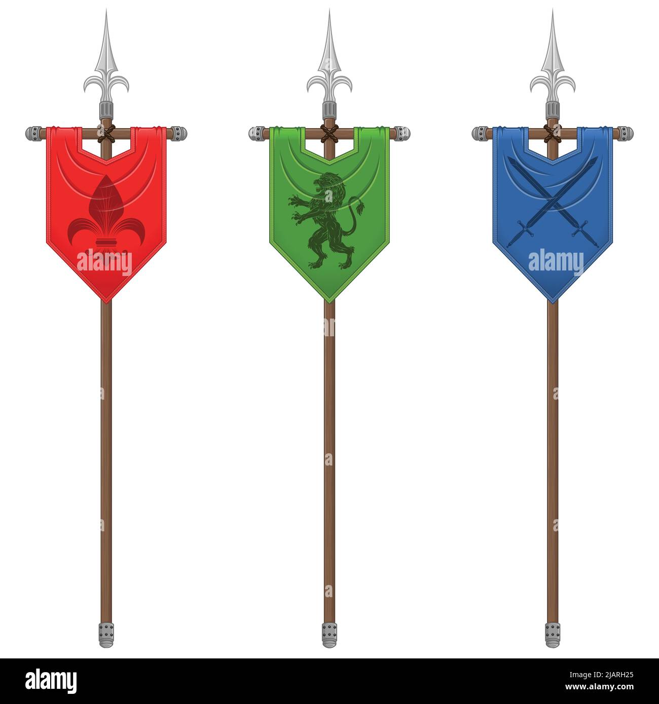 Design a bandiera verticale in stile medievale con simbolo araldico, bandiera di nobili famiglie del Medioevo su una lancia. Illustrazione Vettoriale