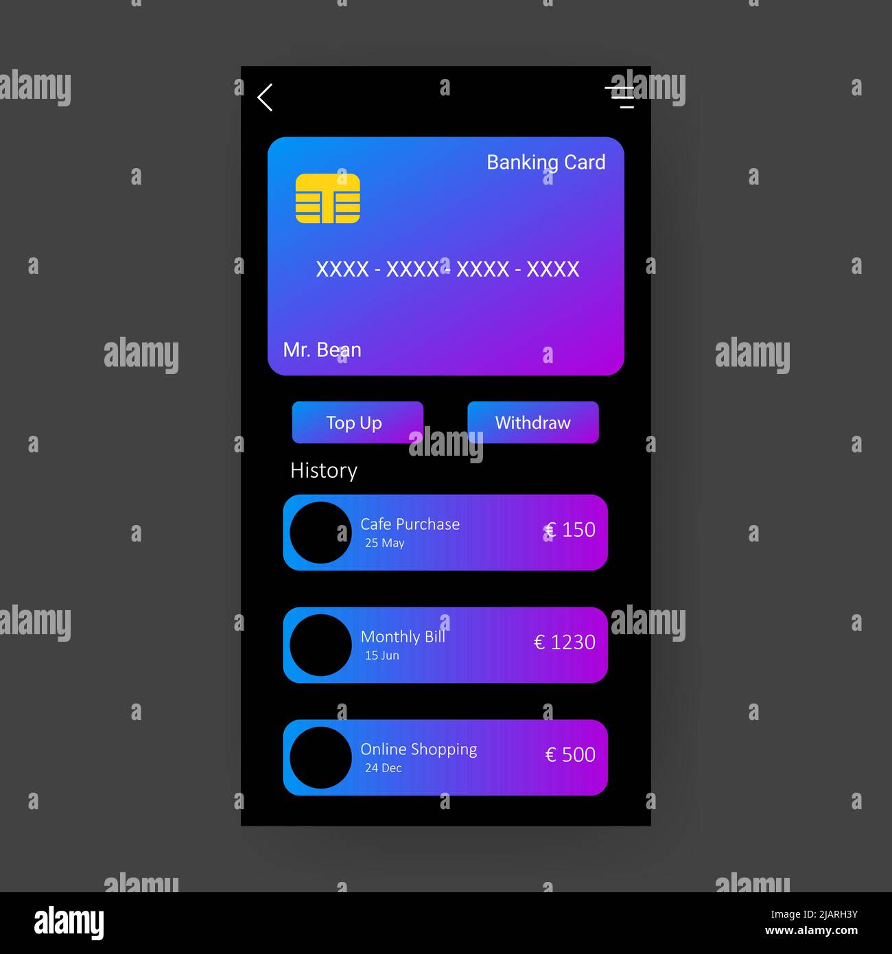 app mobile banking ui in modalità dark Illustrazione Vettoriale