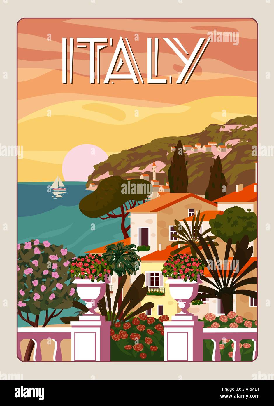 Retro Poster Italia, paesaggio romantico mediterraneo, montagne, città di mare, barca a vela, mare. Poster da viaggio retrò Illustrazione Vettoriale