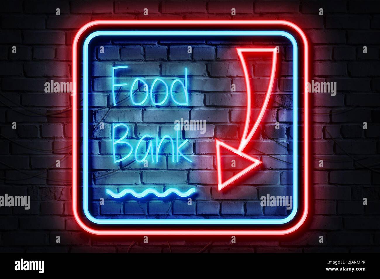 Food Bank Neon Sign su un muro scuro Foto Stock
