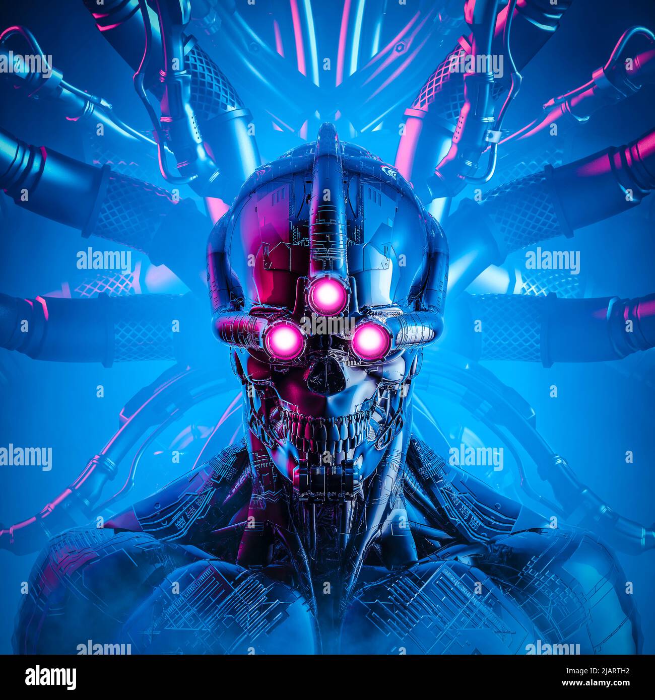 Triclops intelligenza artificiale - 3D illustrazione della fantascienza cyberpunk cranio affrontato tre occhi cyborg collegato al nucleo del computer Foto Stock