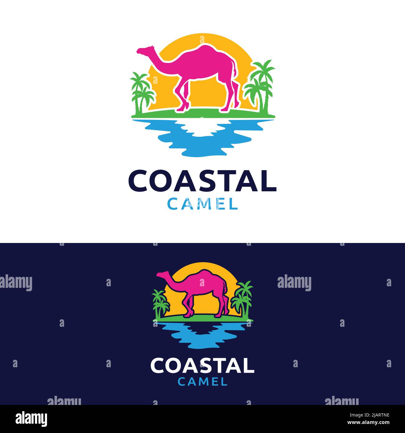 Modello di design colorato con logo cammello costiero. Un cammello che cammina sulla spiaggia con il sole e le palme. Adatto per Coastal Beach Travel Tourism Busin Illustrazione Vettoriale