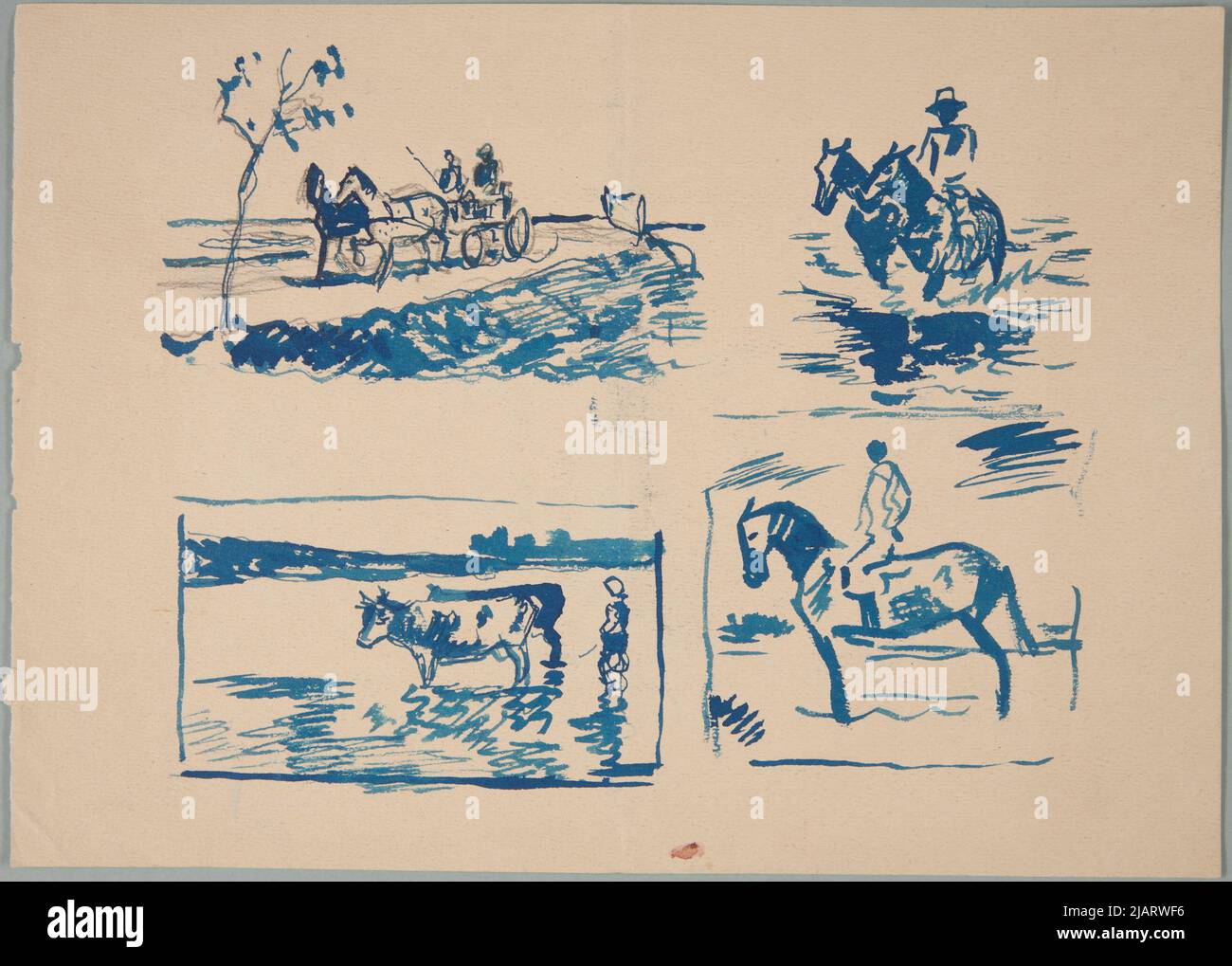 Disegno a due lati; recto: Quattro schizzi (disegnati da illustrazioni) un carrello che viaggia lungo una strada del villaggio; cavalli trainati; in un fiume di mucca; cavaliere su un cavallo; verso: Schizzi sciolti: Tomba, teste degli uomini, cavalli Ivanec ', Ivan (1893 1946) Foto Stock