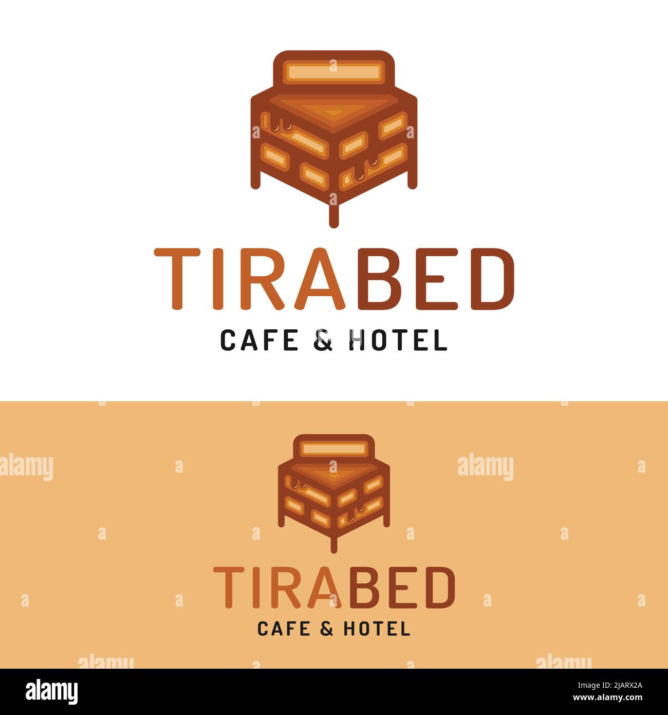 Modello di design con logo Tiramisu Chocolate Cake Bed Cafe Hotel. Adatto per alloggiare Hotel Inn Cafe Bakery Cake House Shop Business Brand Company Logo De Illustrazione Vettoriale
