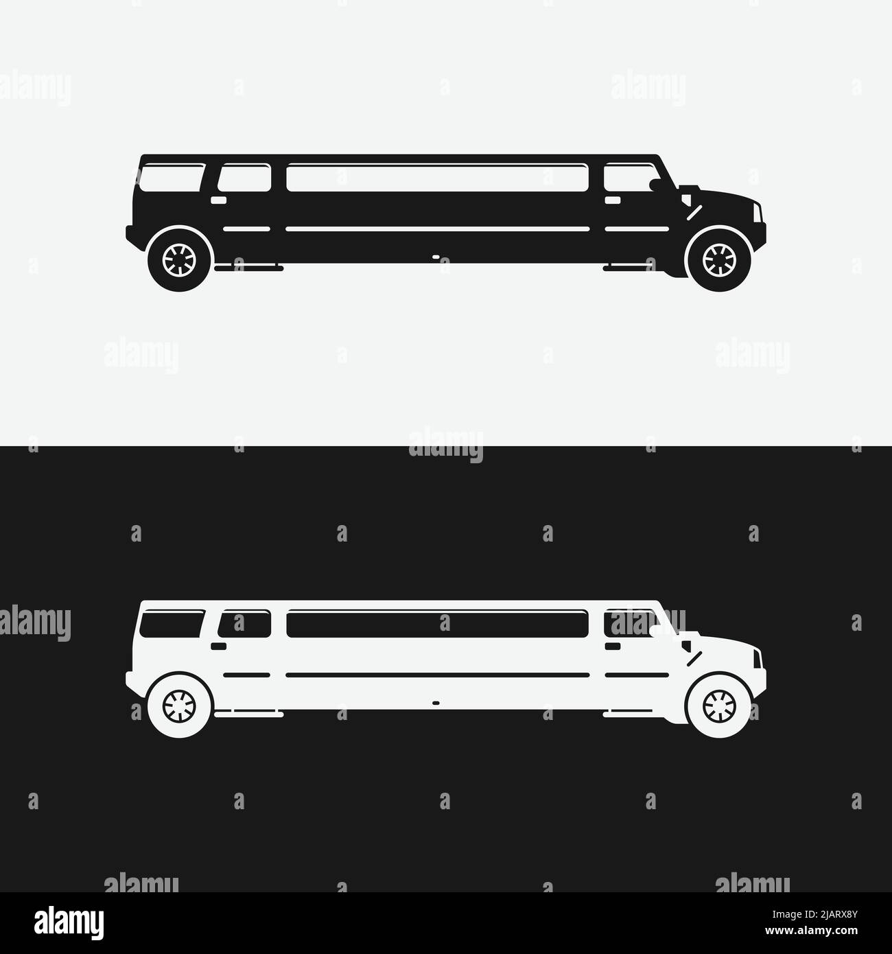 Modello di design con logo Limousine Silhouette. La limousine è una grande berlina di lusso spesso guidata da autista che di solito ha una partizione in vetro che separa t Illustrazione Vettoriale