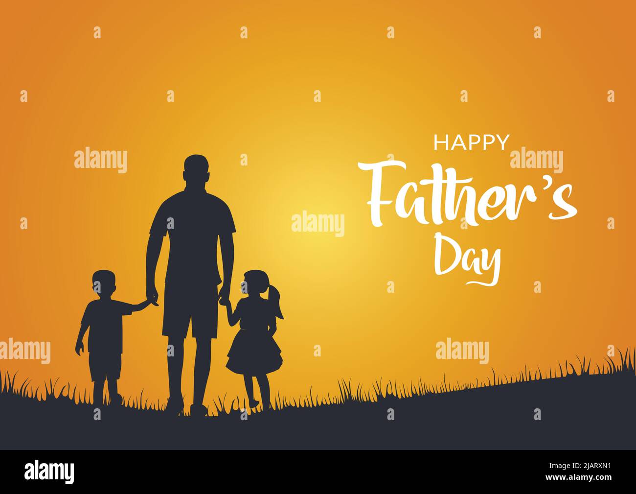 Buon giorno del padre con papà e bambini che camminano indietro vista. Disegno vettoriale di illustrazione Illustrazione Vettoriale