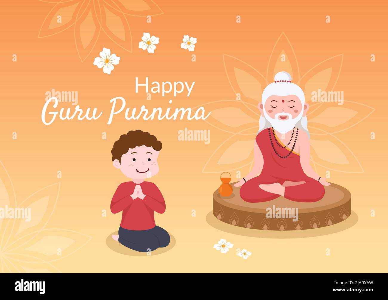 Happy Guru Purnima del Festival indiano per insegnanti spirituali e accademici in Flat Cartoon Flower background Illustration Illustrazione Vettoriale