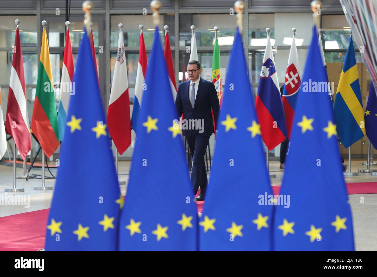 Bruxelles, Belgio. 31st maggio 2022. Il primo ministro polacco Mateusz Morawiecki partecipa ad una riunione speciale del Consiglio europeo a Bruxelles, Belgio, 31 maggio 2022. Credit: Zheng Huansong/Xinhua/Alamy Live News Foto Stock